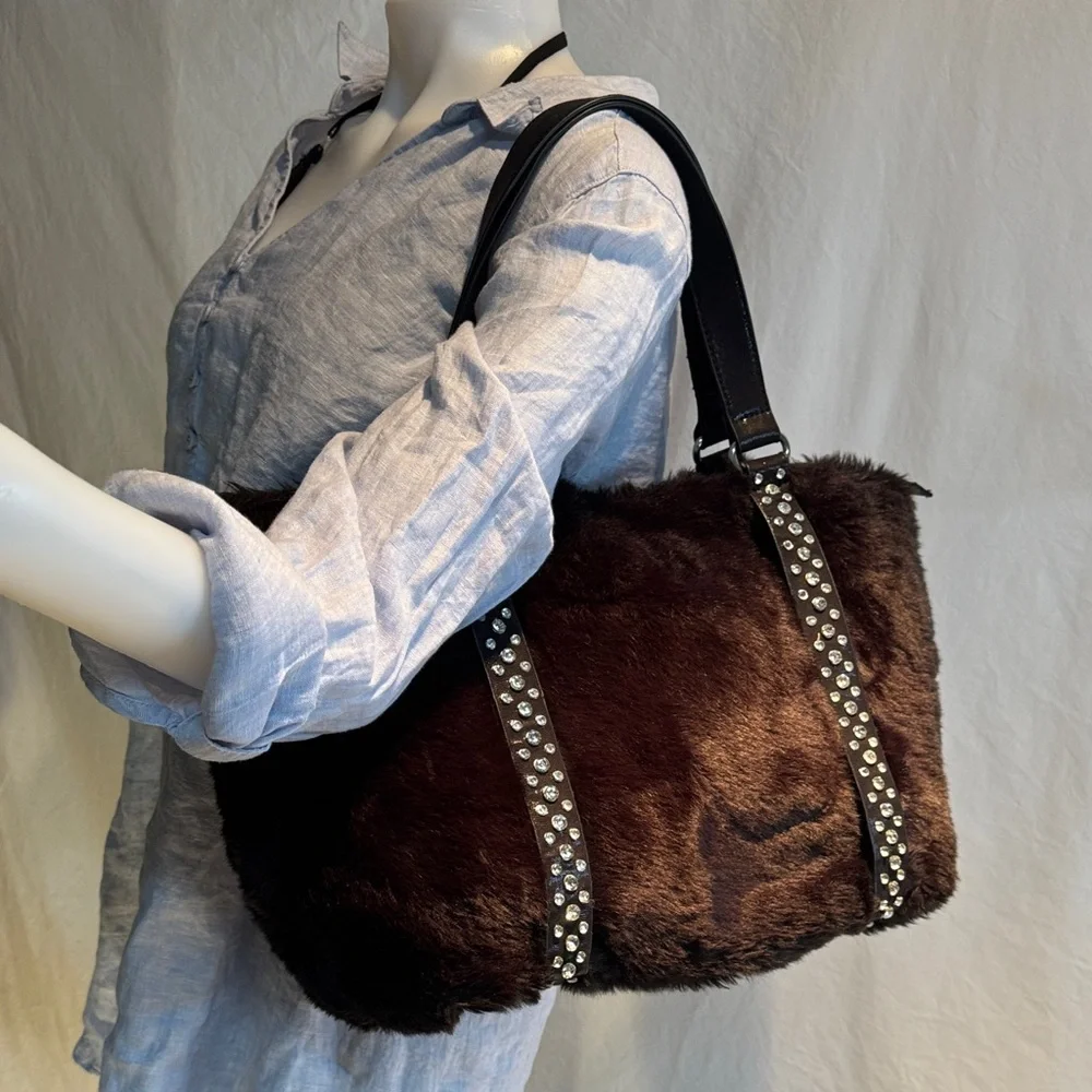 Black Faux Fur Tote Bag with Studded Straps